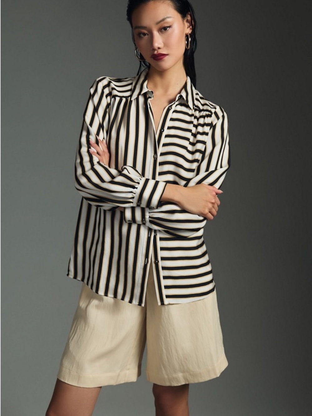 Anthropologie Silky Button Striped Buttondown Sz XS